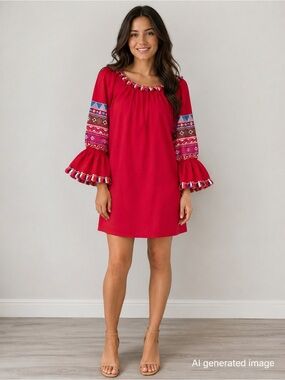 NWT Velzera Embroidered Tassel Beaded Red Peasant Dress Sz S 100% Cotton
